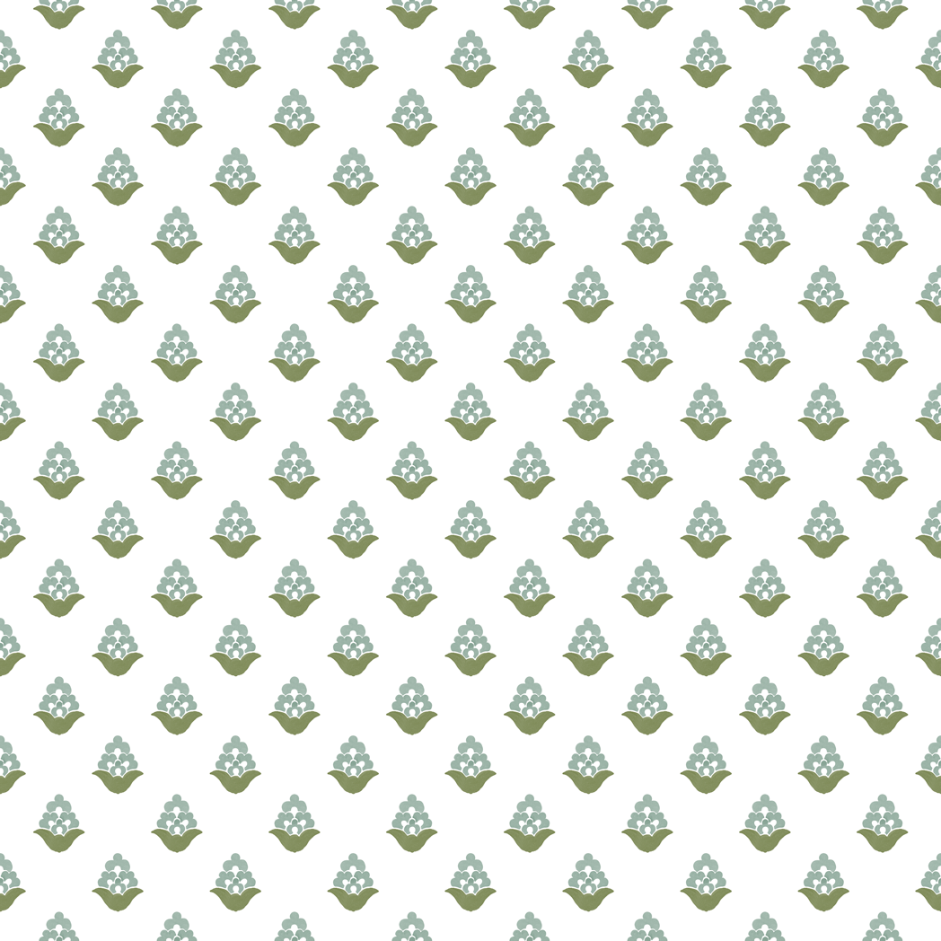 Blooming Verbena wallpaper in green featuring a small-scale floral repeat with soft sage and olive motifs on a light background