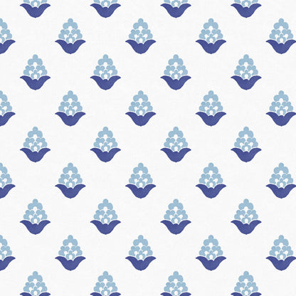 Close-up swatch of Blooming Verbena wallpaper in blue with floral pattern