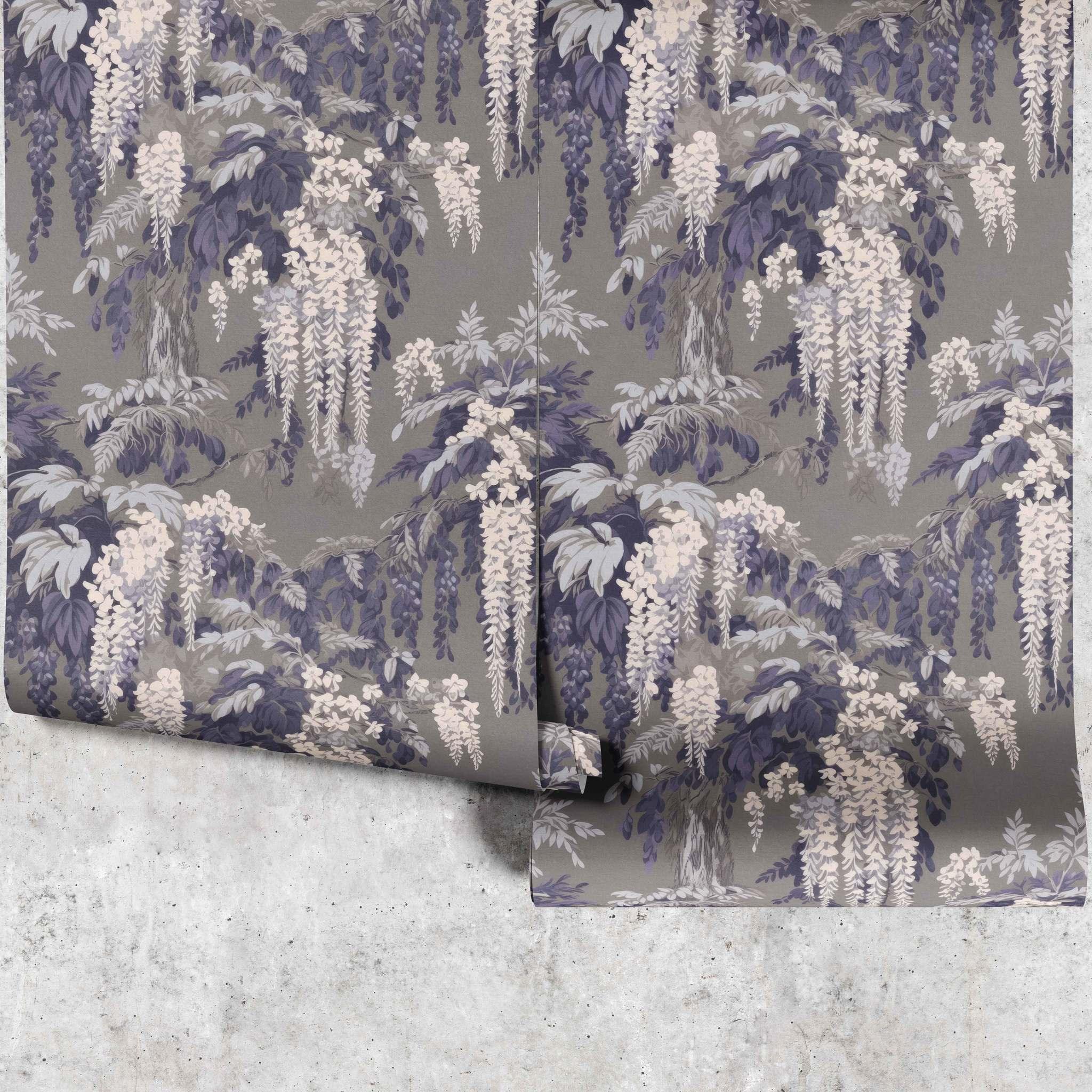 Blue Moon Wisteria Wallpaper panels  – cascading indigo, lavender, and ivory flowers on grey background - Huggleberry Hill