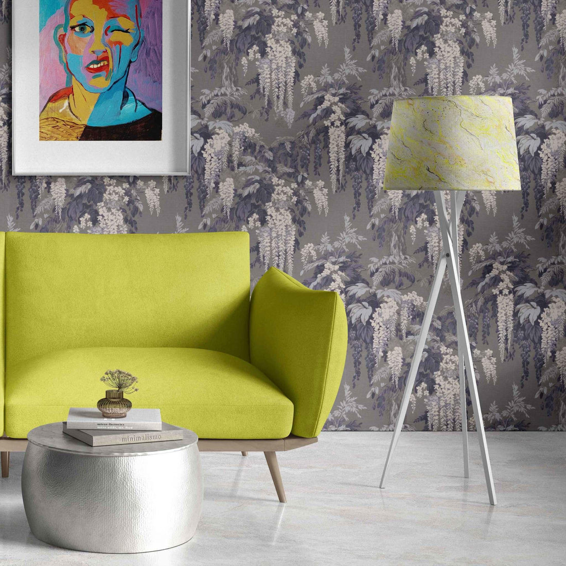 Blue Moon Wisteria Wallpaper styled interior – dramatic wisteria floral design on grey backdrop - Huggleberry Hill