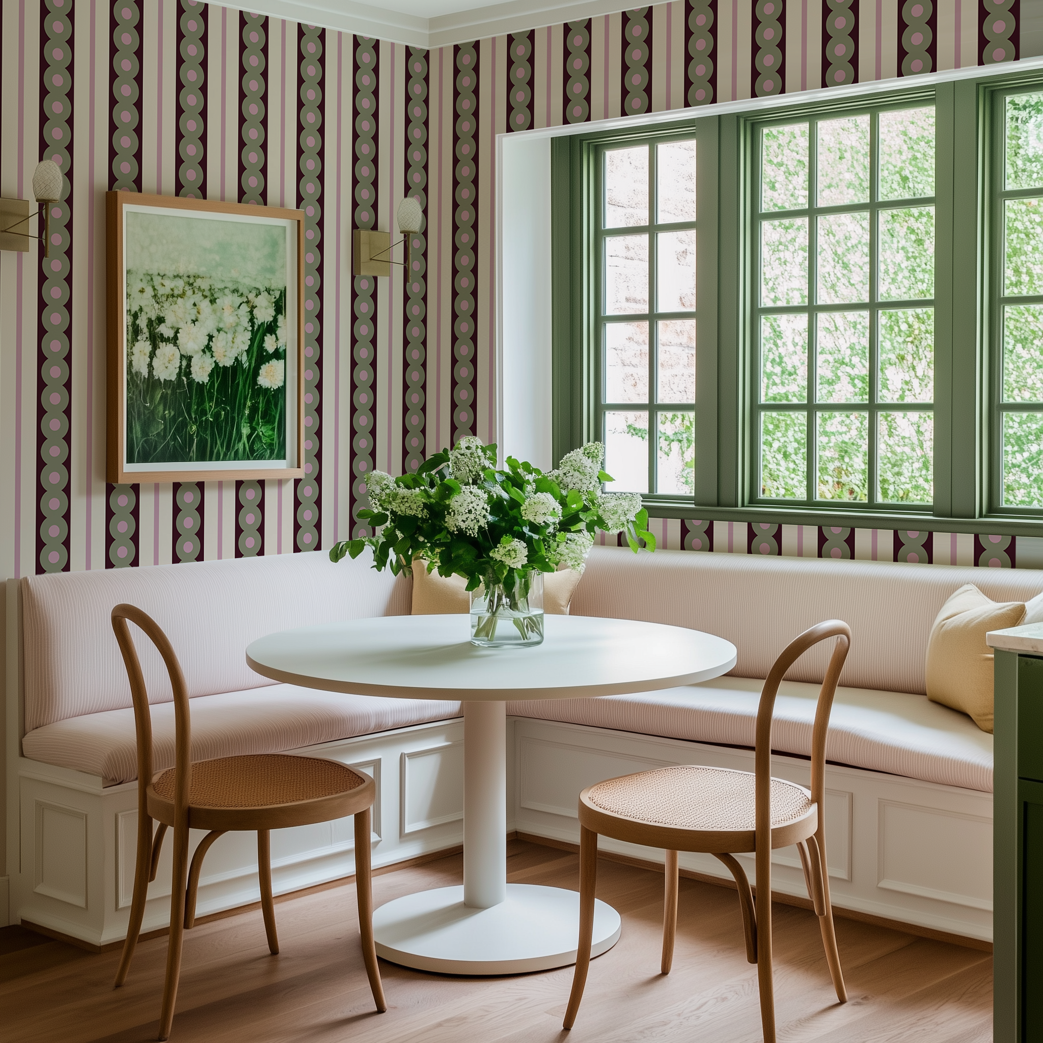 A breakfast nook in a country home with pink bench seating, bistro vibes and green circle wide stripe wallpaper