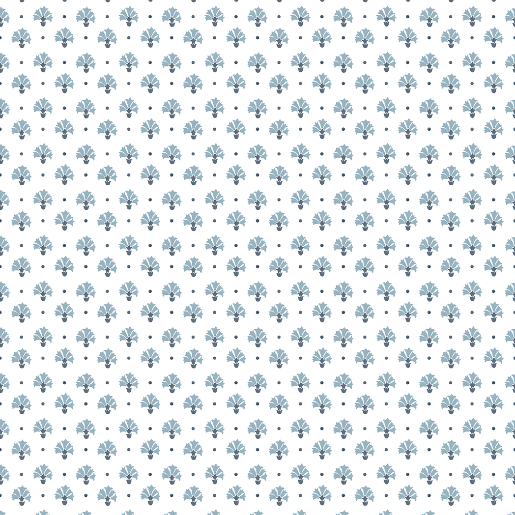 Pattern of blue floral shapes on a white background