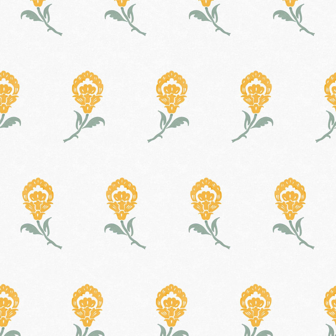 Close-up swatch of Dancing Iris wallpaper in yellow with stylized iris blossom pattern - Huggleberry Hill