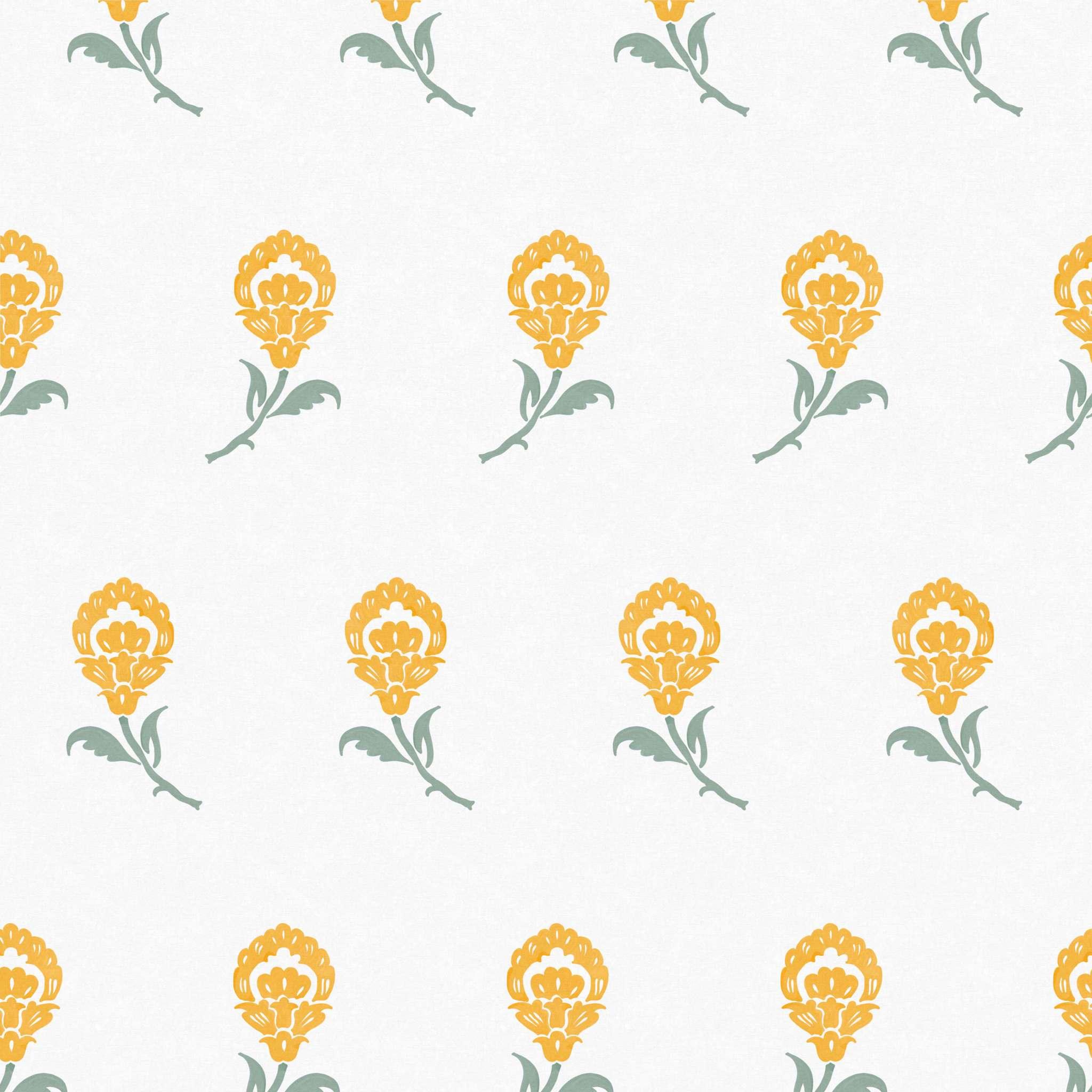 Close-up swatch of Dancing Iris wallpaper in yellow with stylized iris blossom pattern - Huggleberry Hill