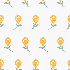 Close-up swatch of Dancing Iris wallpaper in yellow with stylized iris blossom pattern - Huggleberry Hill