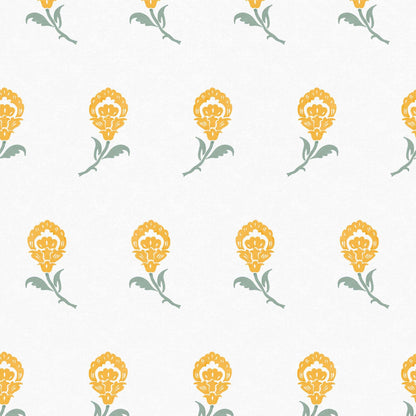 Close-up swatch of Dancing Iris wallpaper in yellow with stylized iris blossom pattern - Huggleberry Hill
