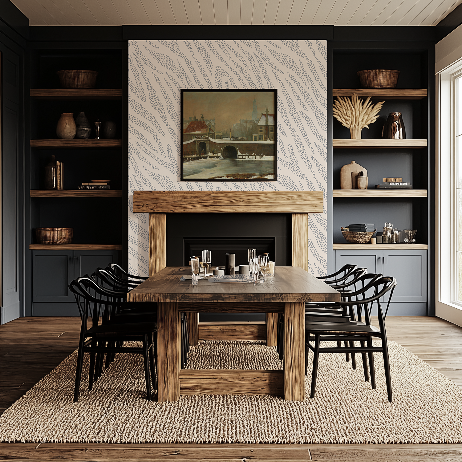 A farmhouse style dining room with a dark gray and natural wood color scheme. There is a modern cream and gray dotty animal print wallpaper around the fireplace.