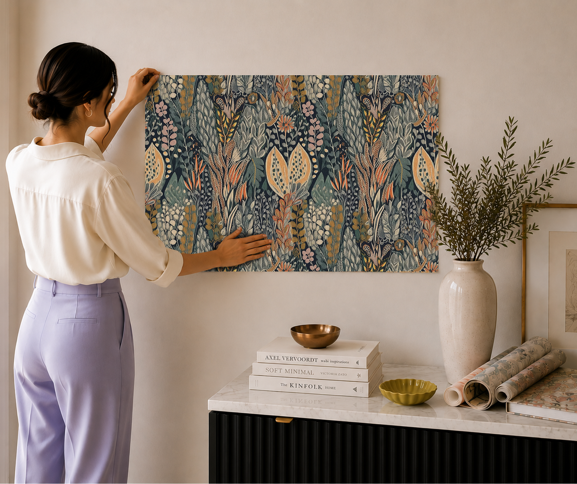 a designer holding up a wallpaper sample aga