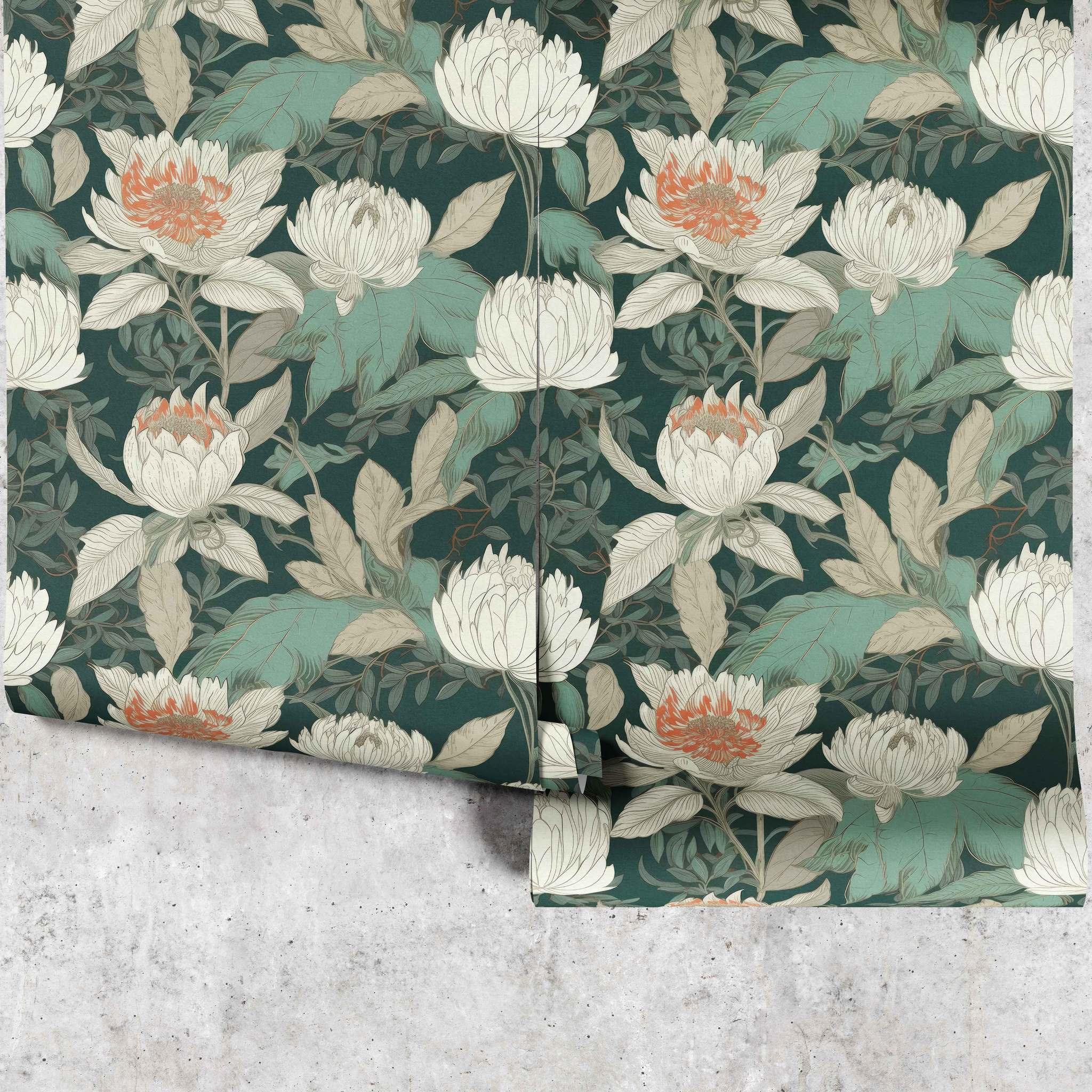 Emerald Melody Wallpaper panels featuring botanical cream florals and emerald green background - Huggleberry Hill