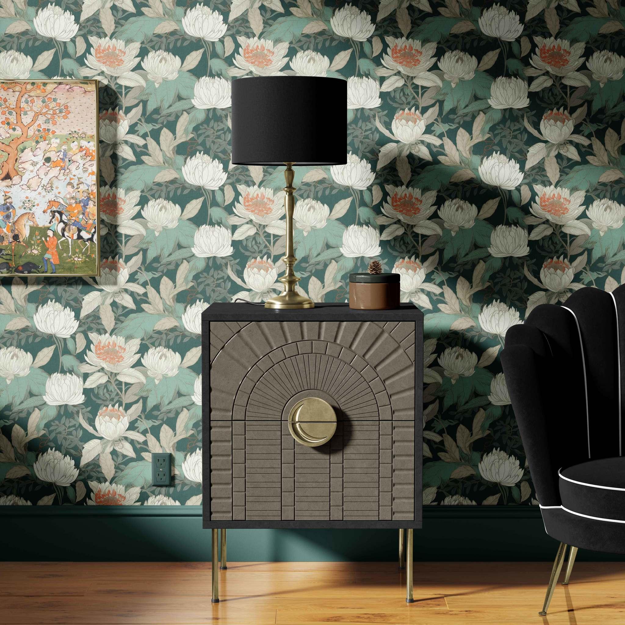 Emerald Melody Wallpaper styled in a dining room with oversized cream flowers on emerald green backdrop - Huggleberry Hill