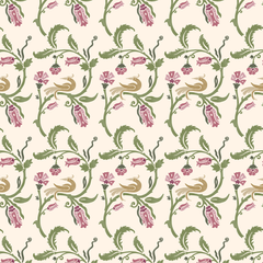 Decorative pattern with birds and flowers on a light background