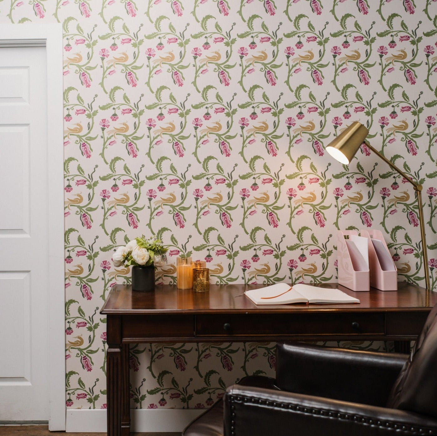 nchanted Honeysuckle wallpaper styled in a vintage floral and bird home office - Huggleberry Hill