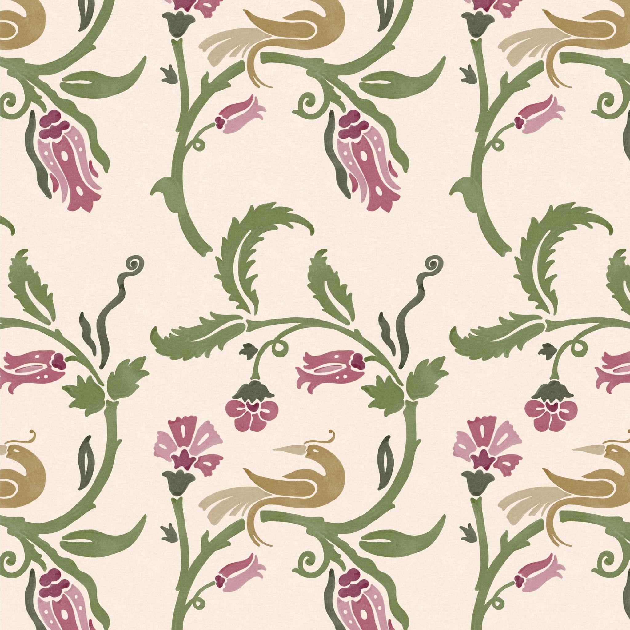 Close-up swatch of Enchanted Honeysuckle wallpaper with birds and floral vines - Huggleberry Hill