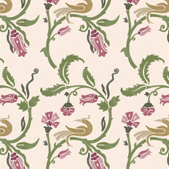 Close-up swatch of Enchanted Honeysuckle wallpaper with birds and floral vines - Huggleberry Hill