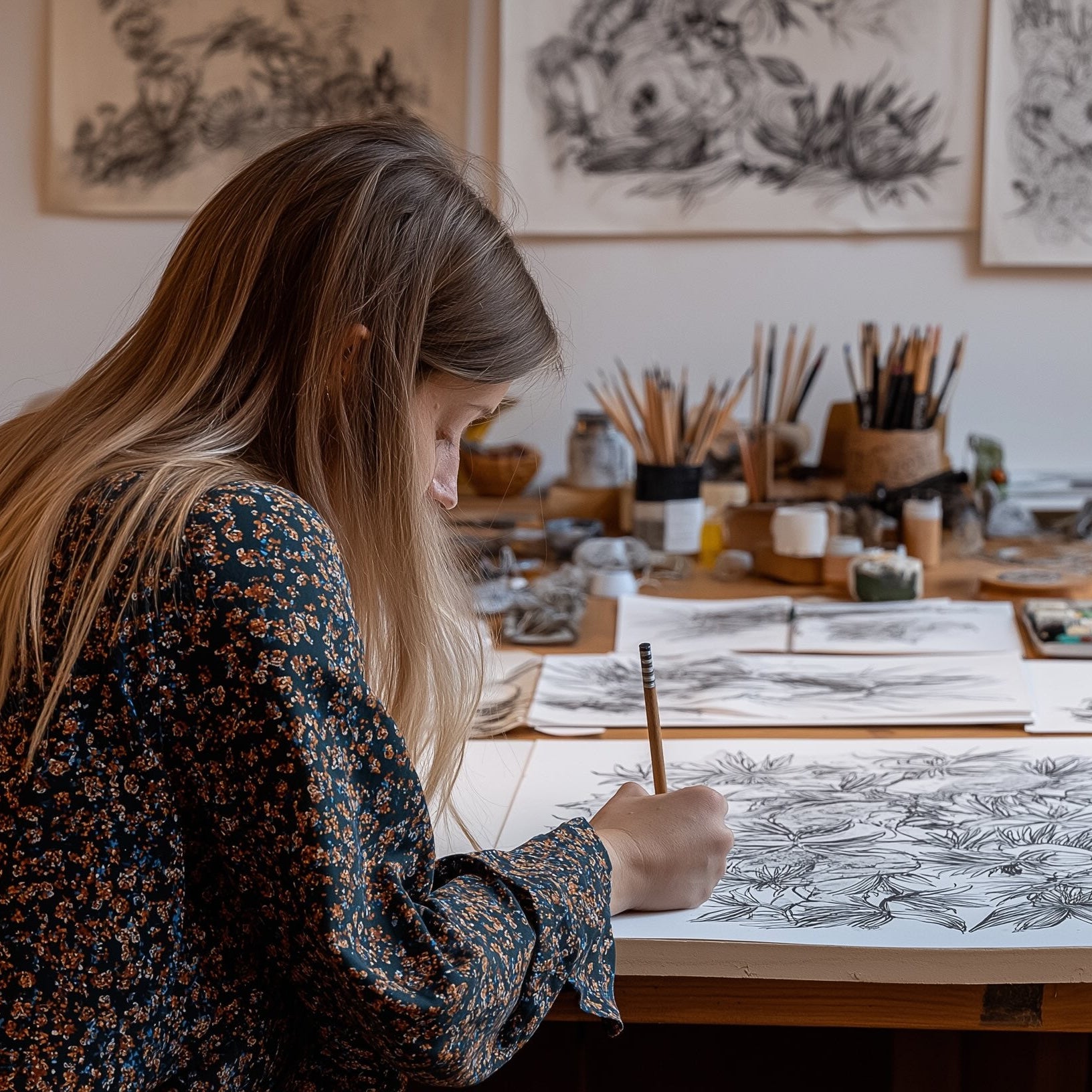 Woman working on art at a table with various drawings and art supplies.