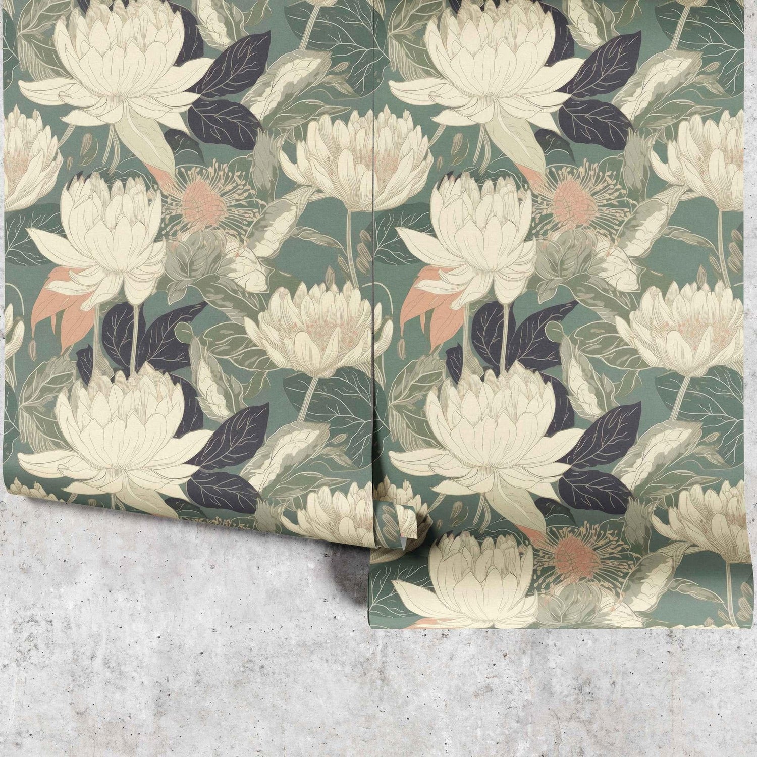 Kiku’s Dream Wallpaper panels featuring oversized cream floral botanical pattern