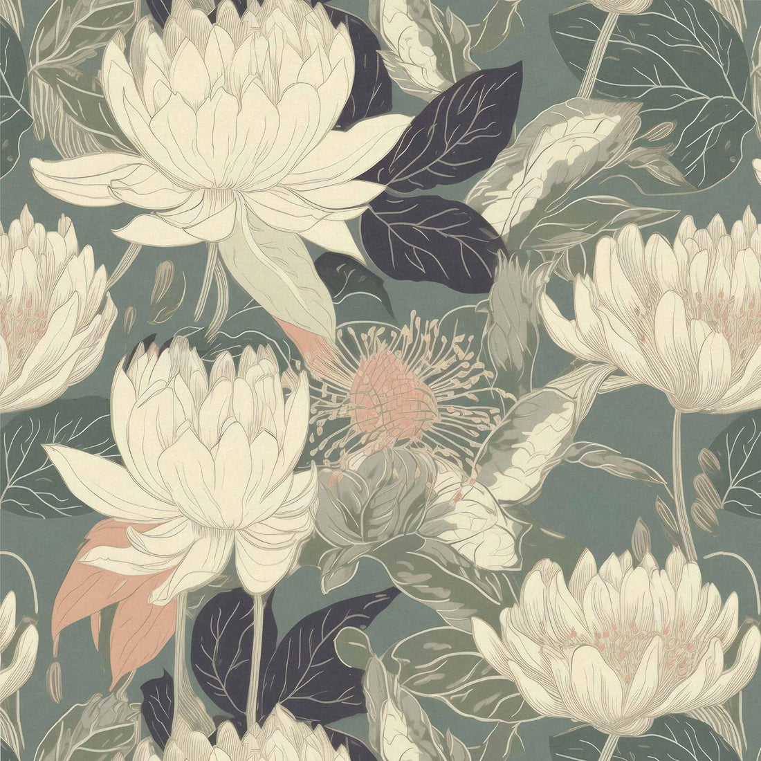 Kiku’s Dream Wallpaper swatch with oversized cream and blush blossoms on green background