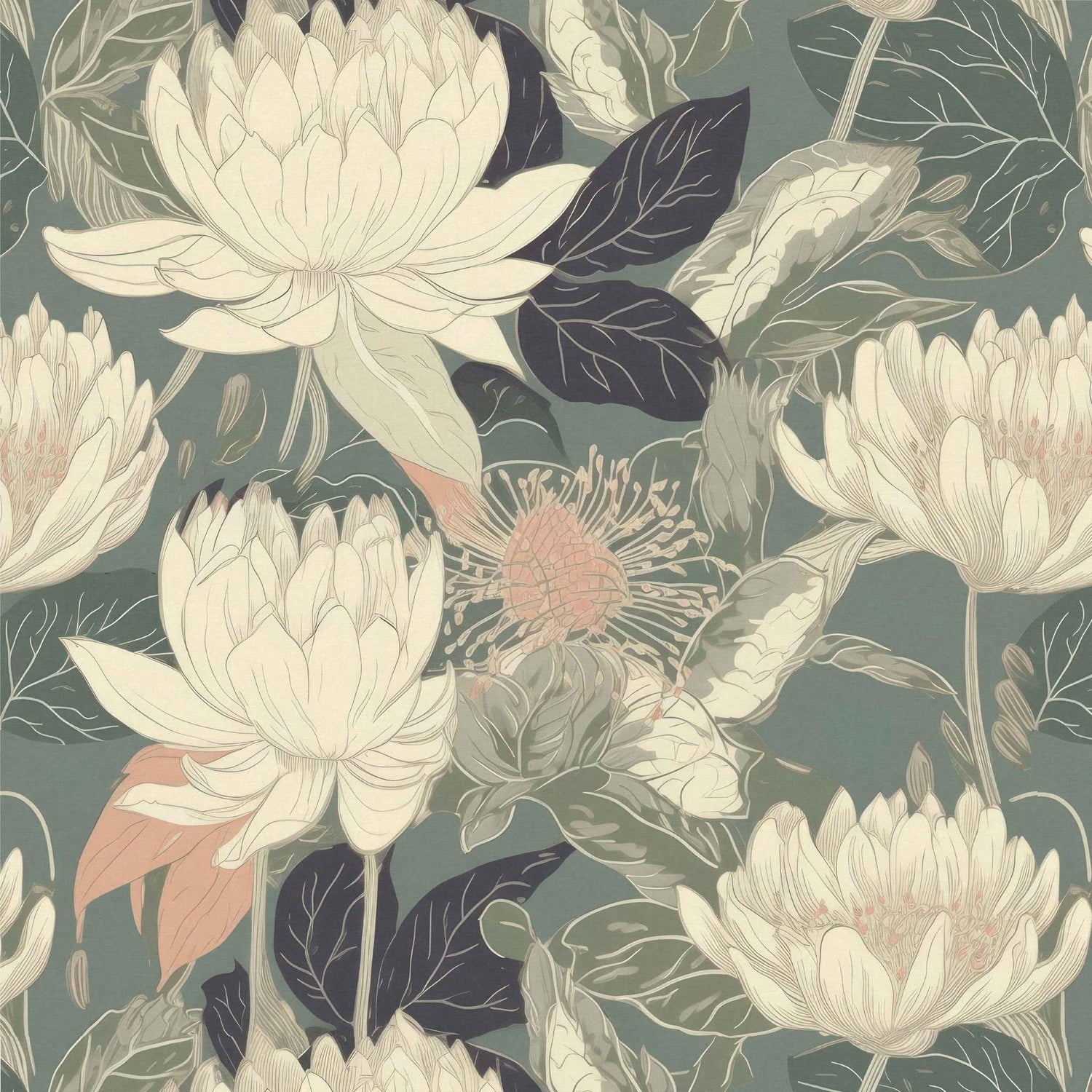 Kiku’s Dream Wallpaper swatch with oversized cream and blush blossoms on green background