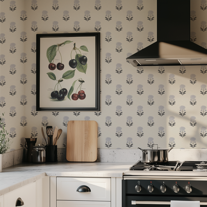 The corner of a modern farmhouse style kitchen with blue and gray block print floral wallpaper