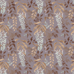 closeup pattern of blue and gold wisteria against a lilac purple background