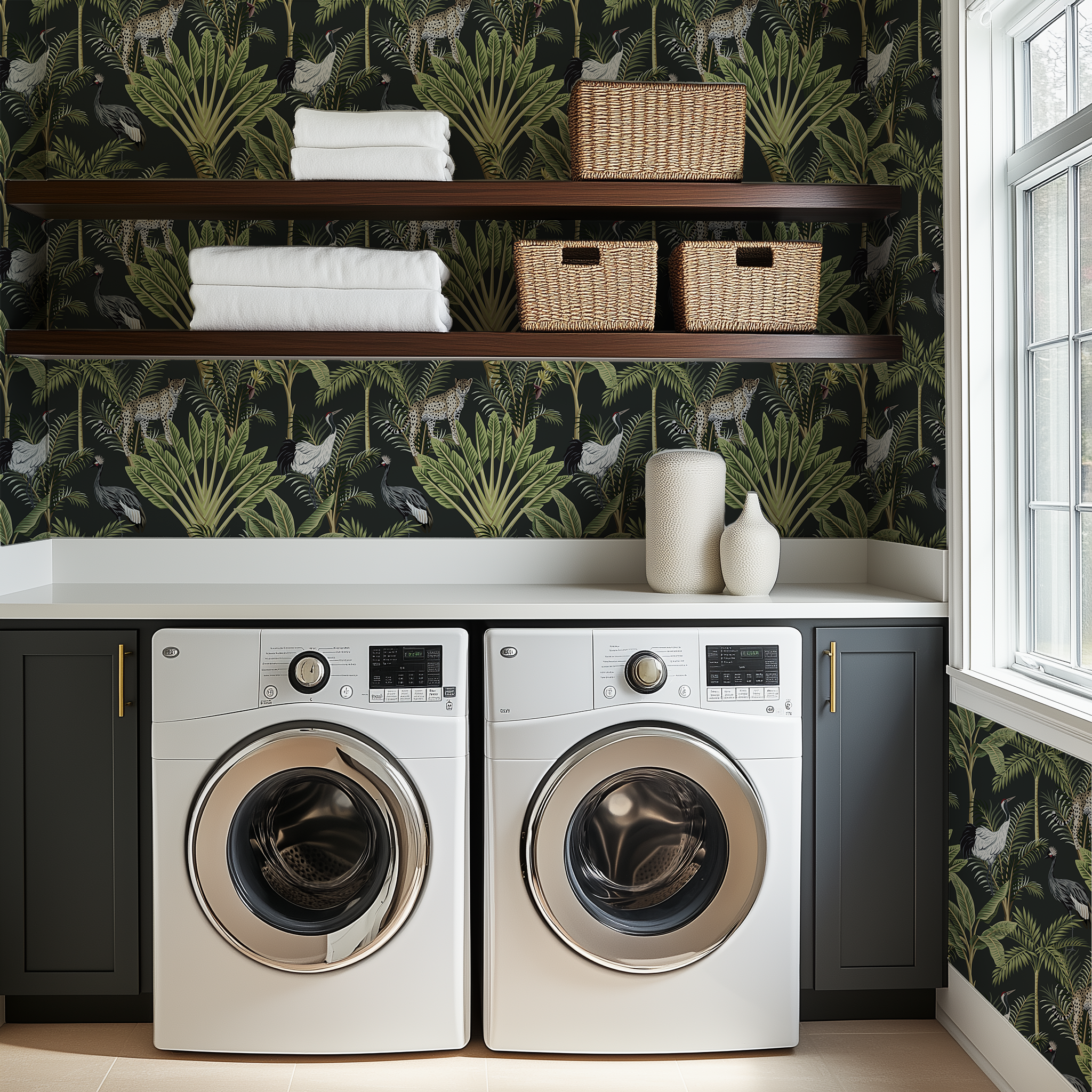 A farmhoiuse style laundry room with dark gray cabinets and walut wood shelves, and dark gray Rainforest Animals wallpaper 