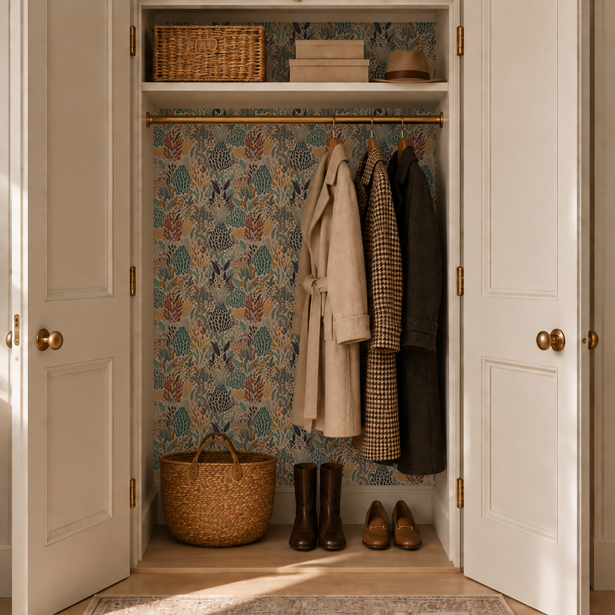 An open white closet with brass handles and gold hardware, featuring floral wallpaper, hanging beige and dark coats, a woven basket on the shelf and on the floor, and a pair of dark boots and brown shoes on the floor.