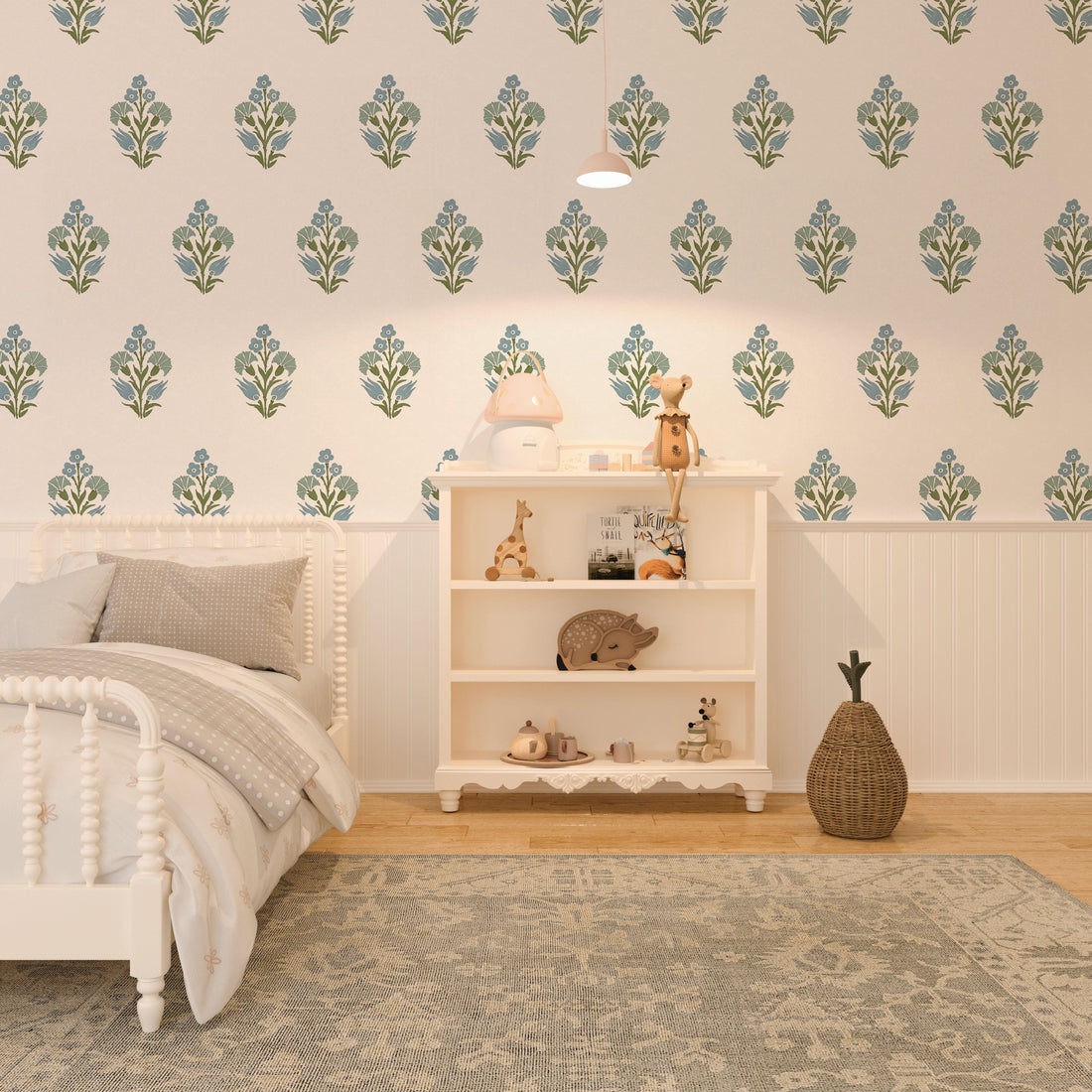 Lily Posy wallpaper in yellow styled in a bright kids bedroom with playful floral bouquets - Huggleberry Hill