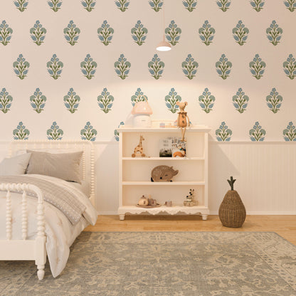 Lily Posy wallpaper in yellow styled in a bright kids bedroom with playful floral bouquets - Huggleberry Hill