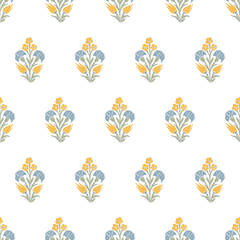 Pattern of floral designs in blue, yellow, and green on a white background