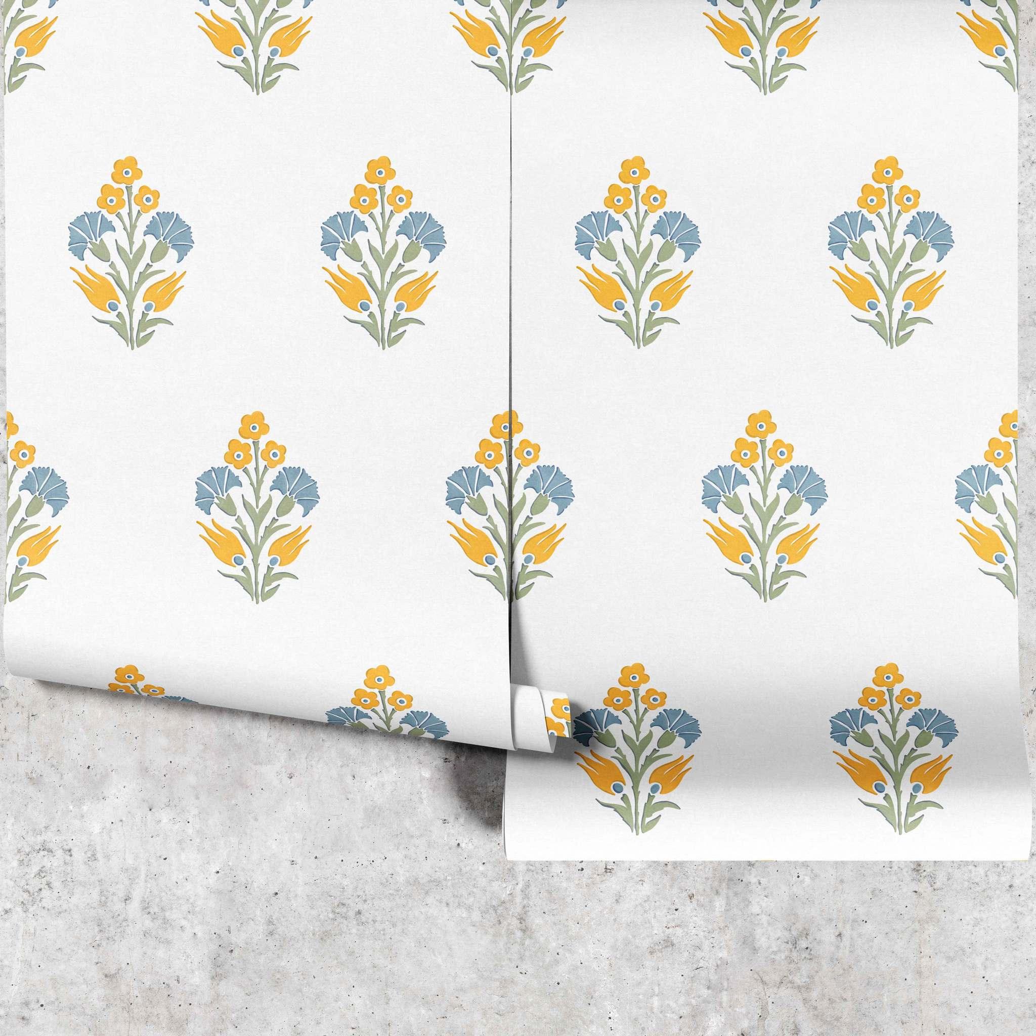 Lily Posy wallpaper in yellow full panels showing repeating floral bouquet pattern - Huggleberry Hill