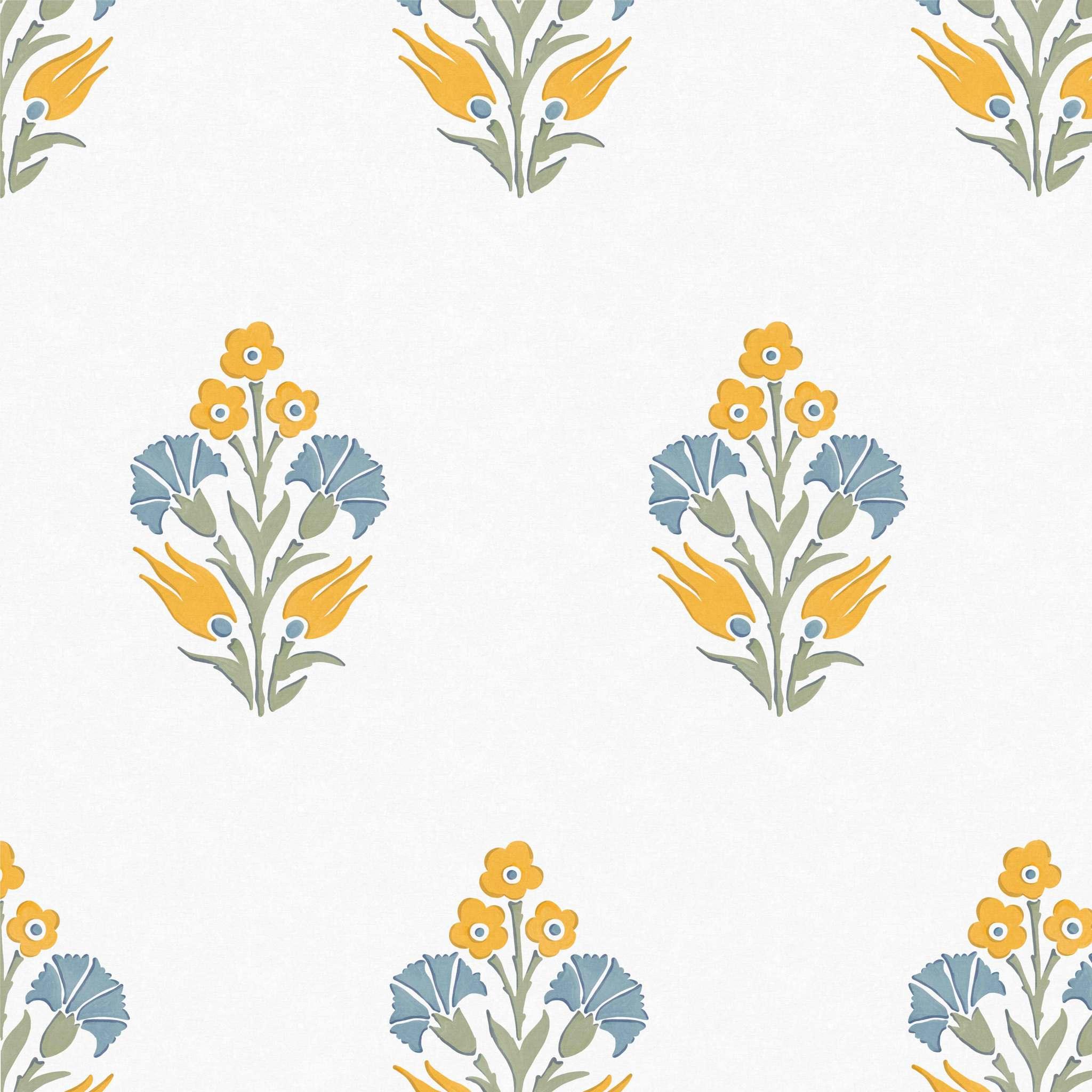 Close-up swatch of Lily Posy wallpaper in yellow with hand-painted floral bouquets on white background - Huggleberry Hill