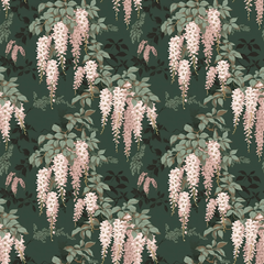 closeup of wallpaper pattern showing pink wisteria blooms trailing against a green background