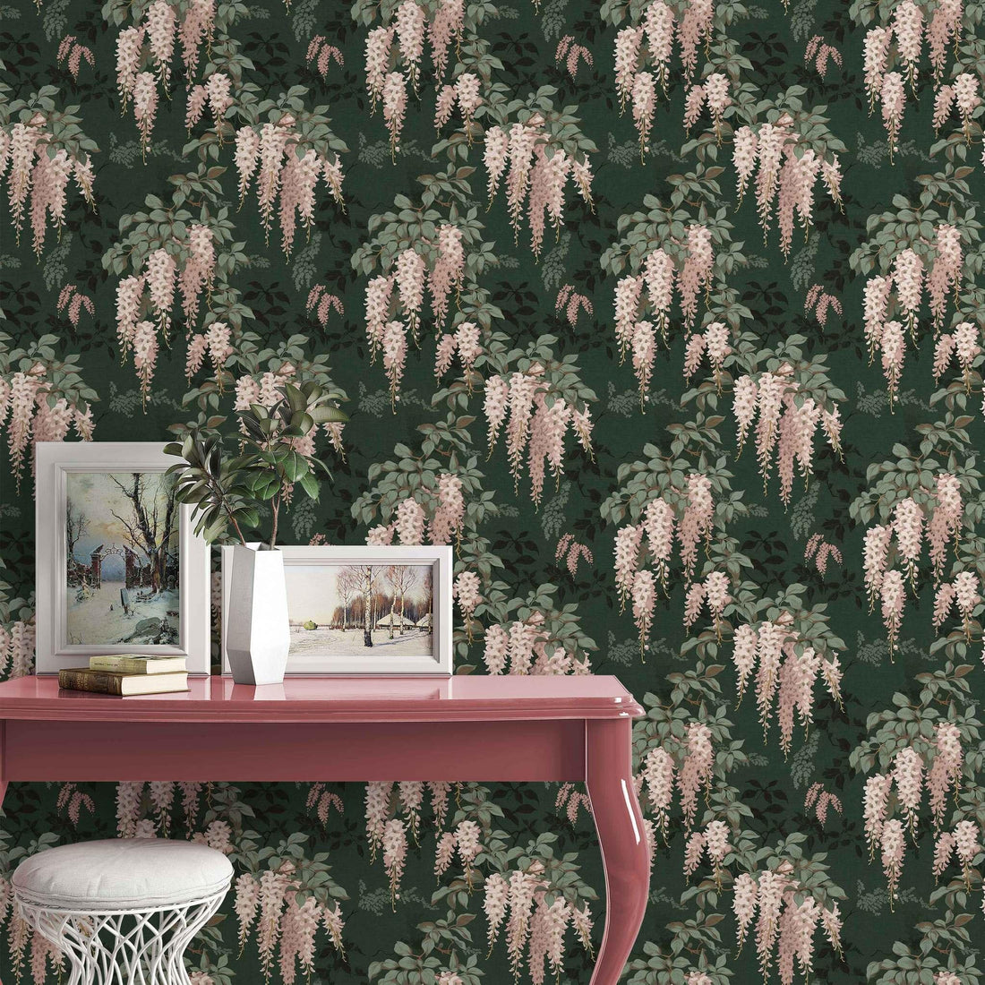 Lovestruck Wisteria Wallpaper styled interior – romantic floral design with green backdrop - Huggleberry Hill