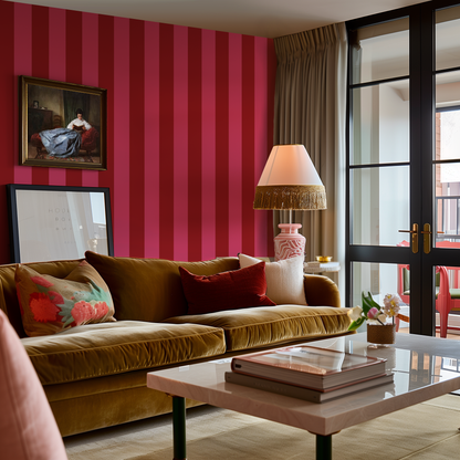 A luxury apartment living room with velvet sofa and red and pink striped wallpaper