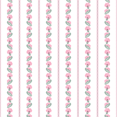 Decorative pattern with pink flowers and green leaves on a white background