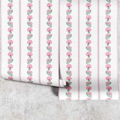 Marsh Mallow wallpaper full panel in pink showing floral stripe pattern - Huggleberry Hill
