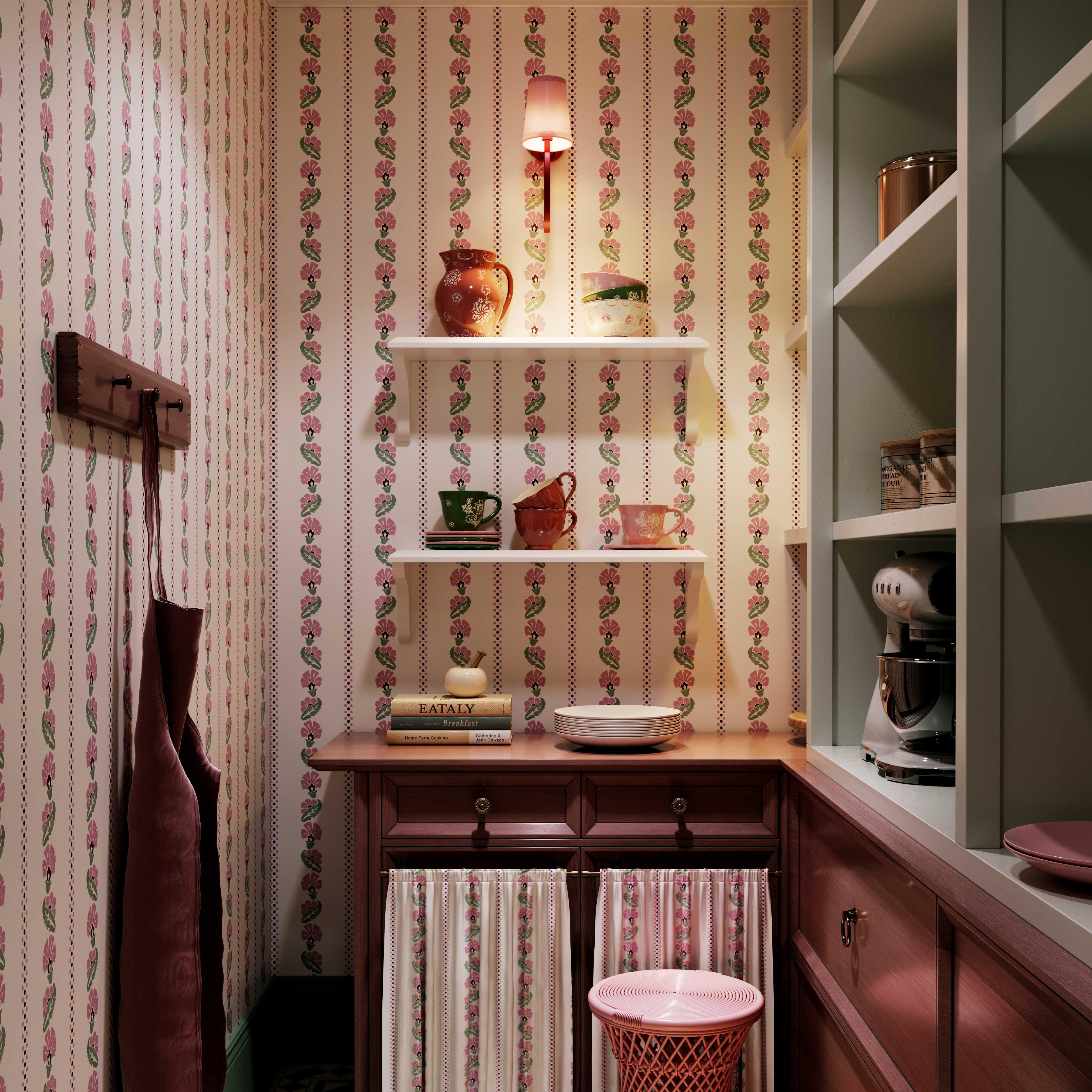 Marsh Mallow wallpaper in pink styled in a floral stripe interior - Huggleberry Hill