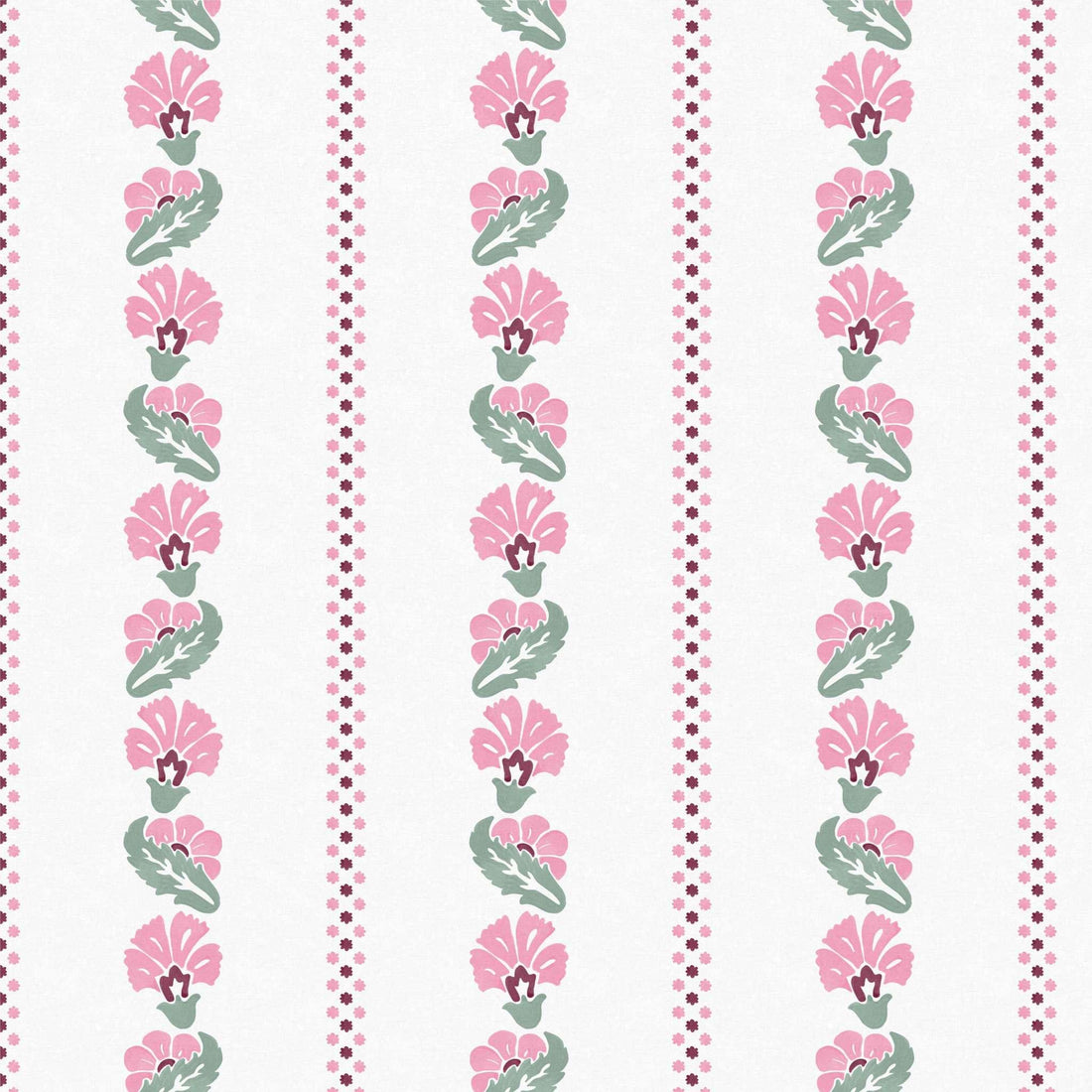 Close-up swatch of Marsh Mallow wallpaper in pink with floral stripe and dotted border - Huggleberry Hill