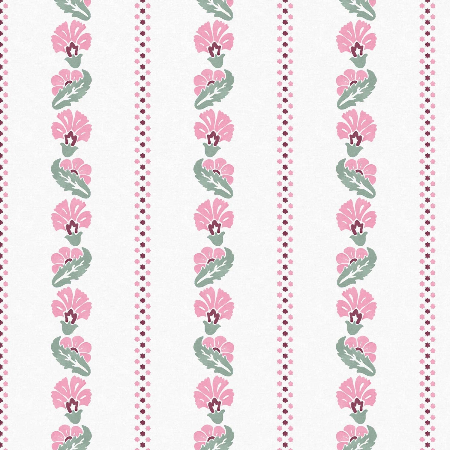 Close-up swatch of Marsh Mallow wallpaper in pink with floral stripe and dotted border - Huggleberry Hill