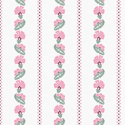 Close-up swatch of Marsh Mallow wallpaper in pink with floral stripe and dotted border - Huggleberry Hill