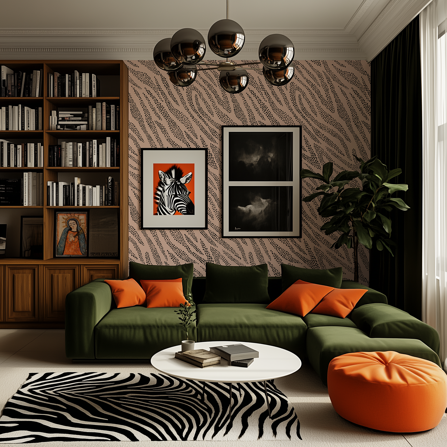 A midcentury style living room with a velvet green couch and orange accents. There is a zebra rug and complimentary dotty animal print wallpaper behind the sofa.