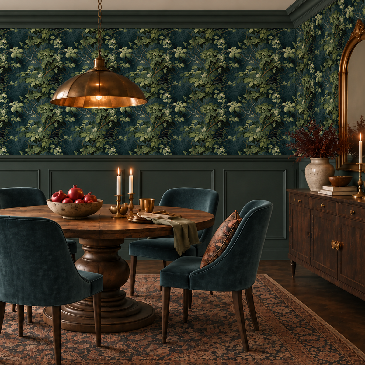A dark moody dining room with dark teal panelling and dark blue and green ivy leaf wallpaper