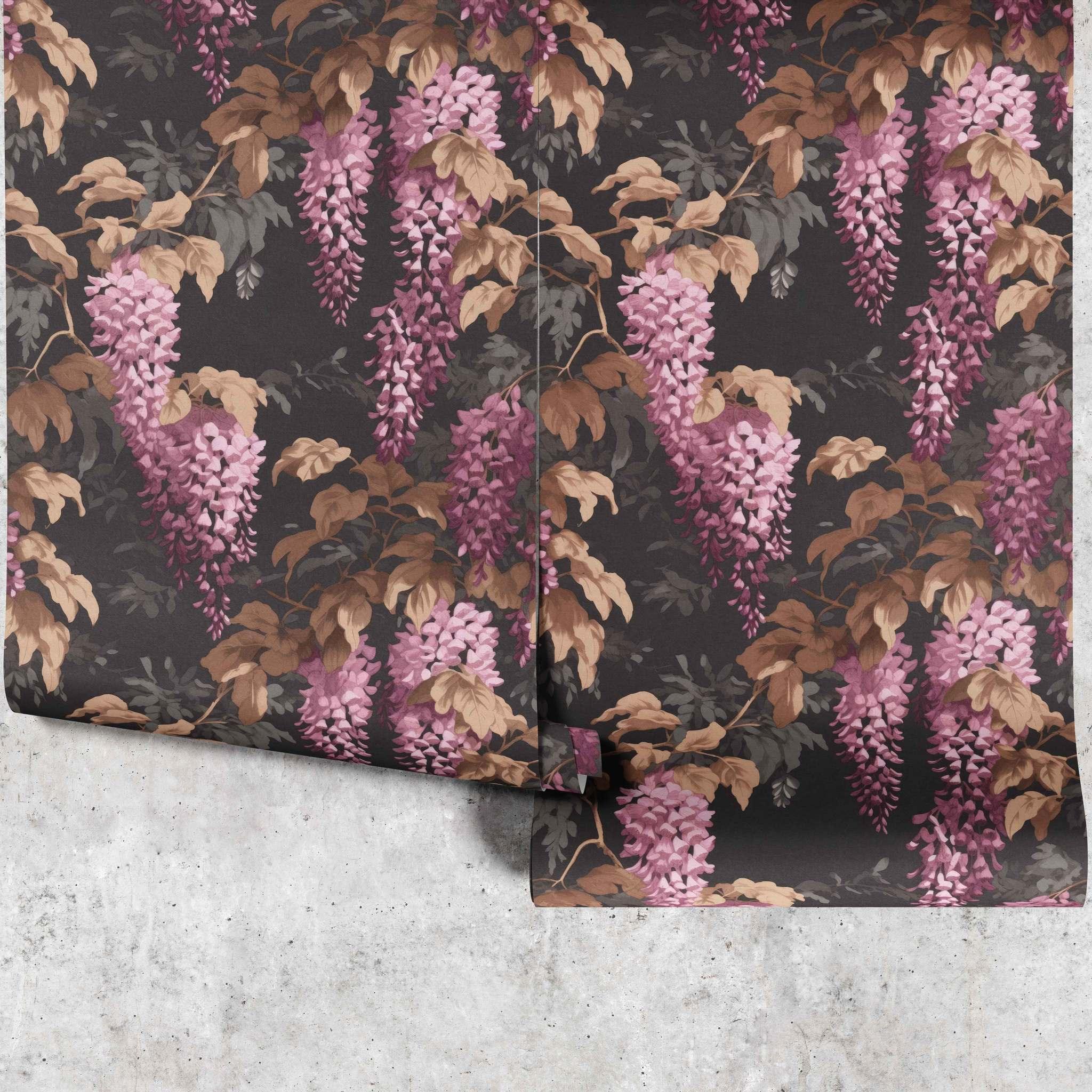 Midnight Wisteria Wallpaper panel – cascading plum wisteria on black backdrop - Huggleberry Hill