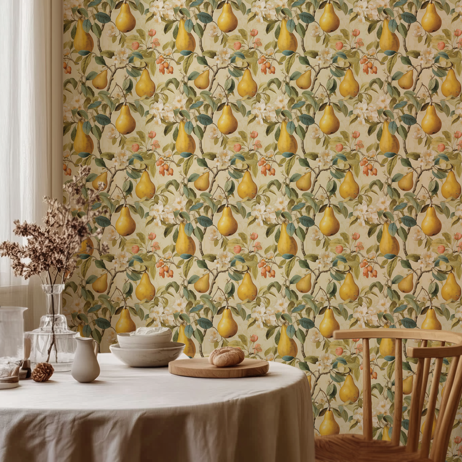 a small breakfast table with yellow pears wallpaper