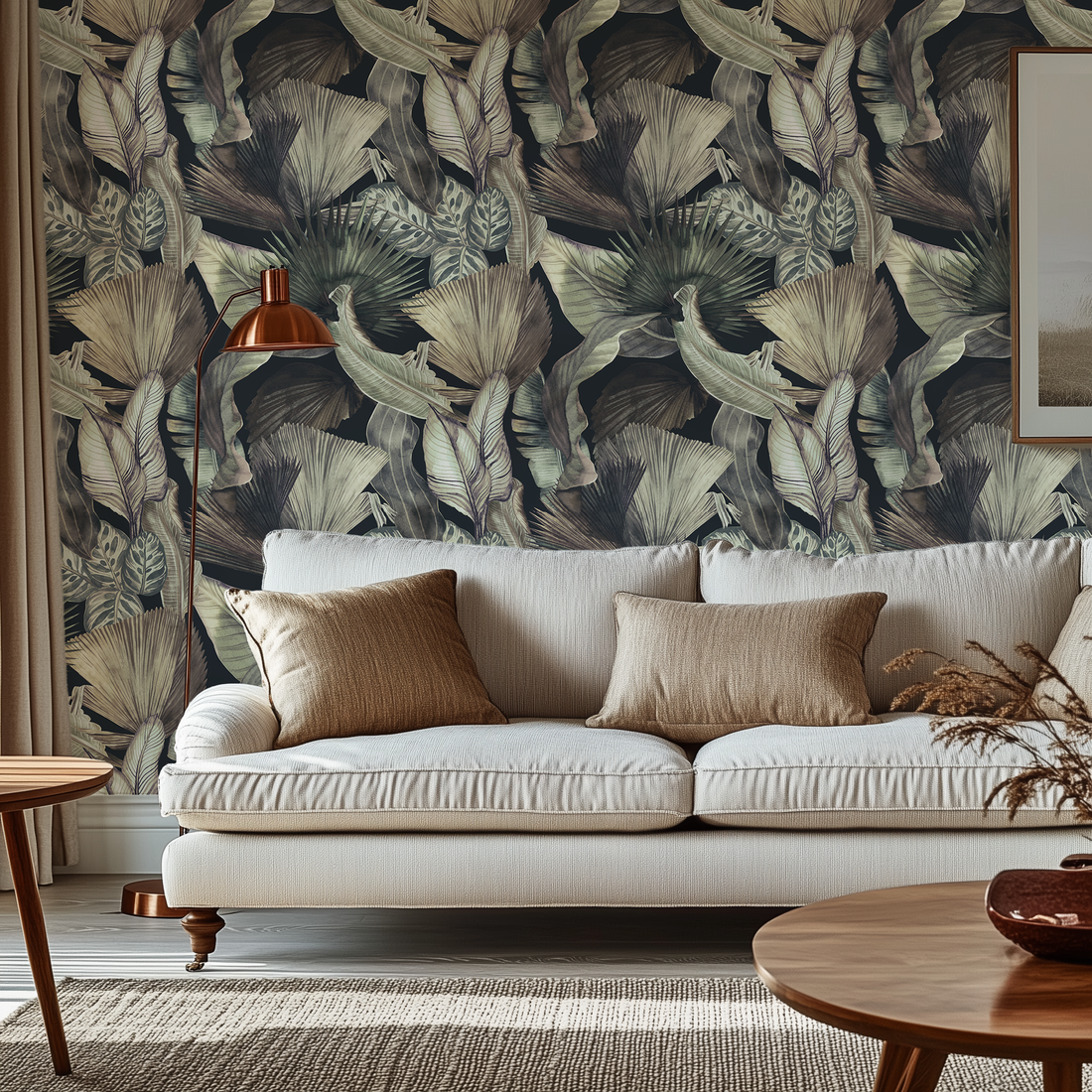 A modern living room with a neutral couch in front of a wall with a dark tropical palm wallpaper