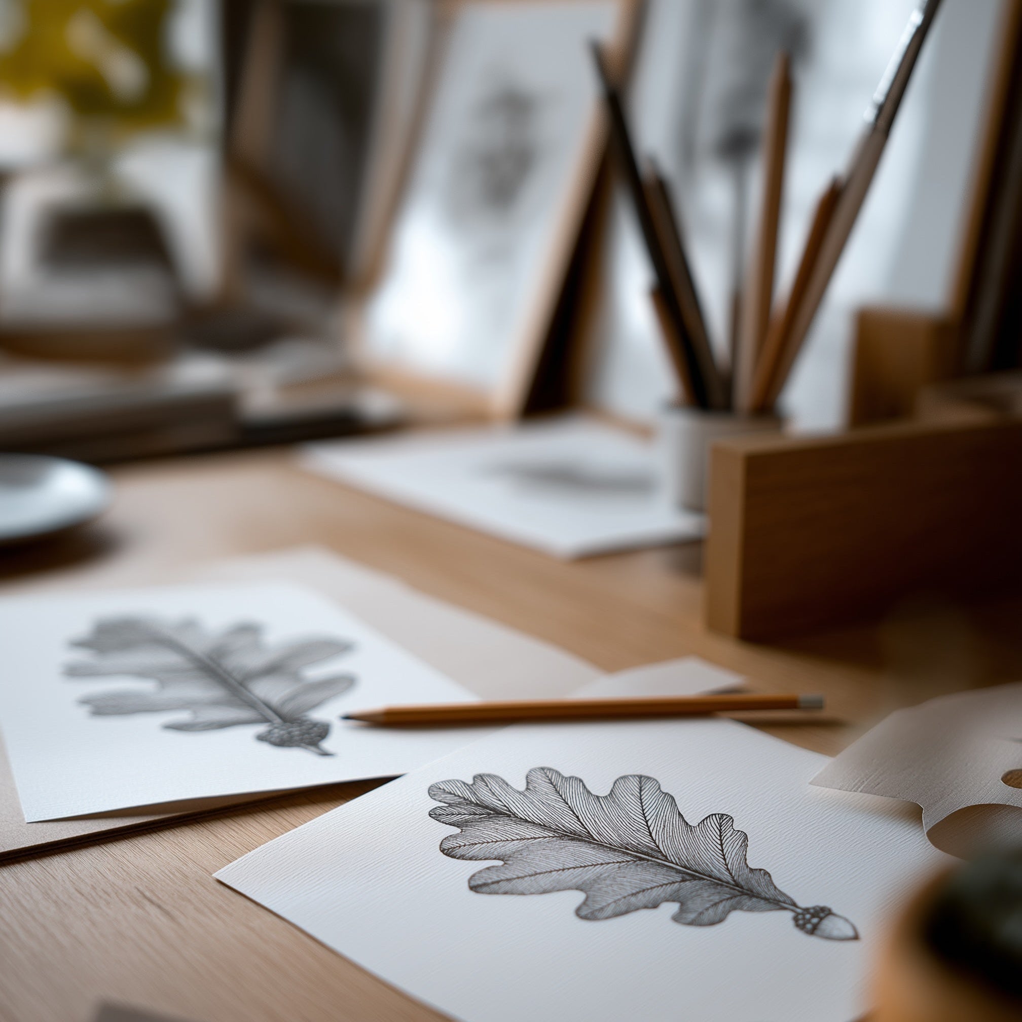 Artistic workspace with leaf drawings on paper, brushes, and a cup.