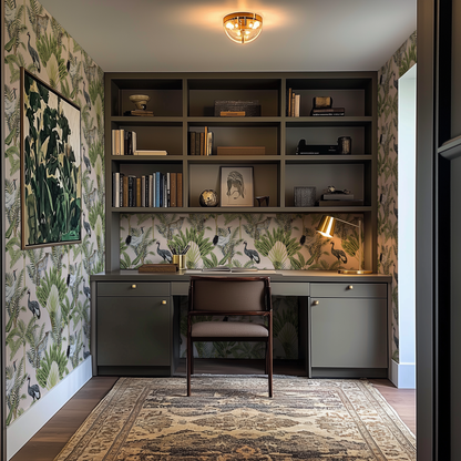 An elegant, playful home office with olive green cabinetry and desk, with pinkRainforest Animals wallpaper and gold accessories