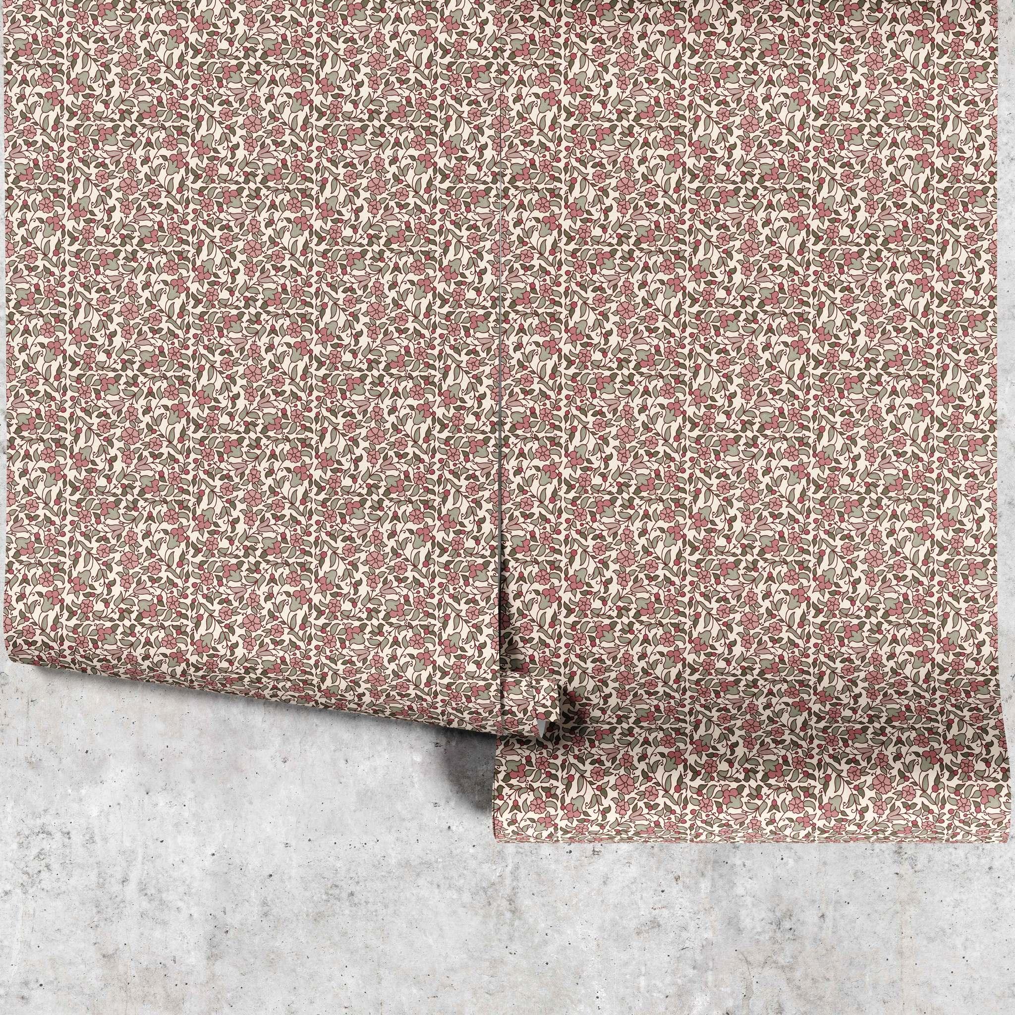 Pimpernel Patch wallpaper full panel in pink showing botanical floral repeat - Huggleberry Hill