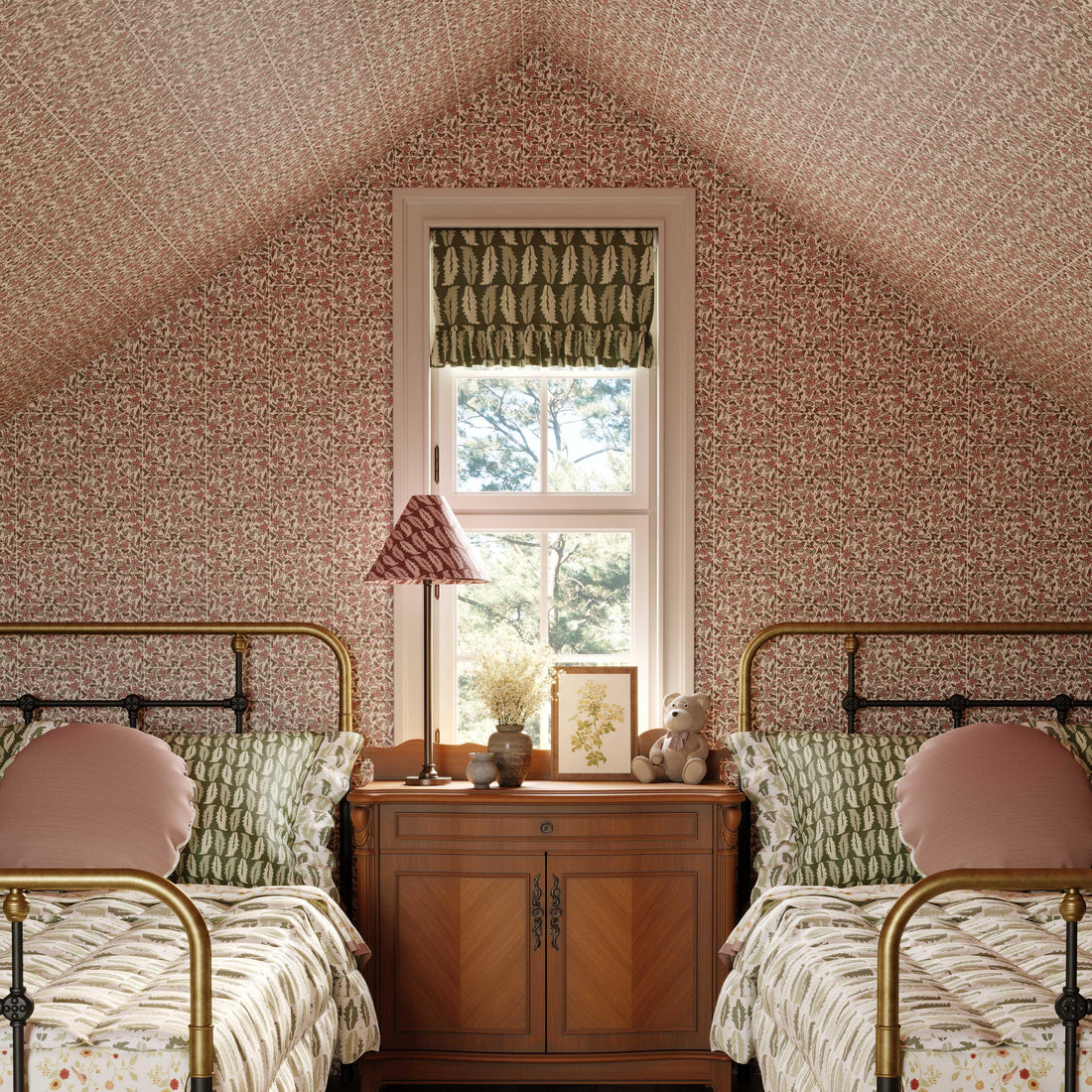 Pimpernel Patch wallpaper in pink styled in a vintage floral interior - Huggleberry Hill