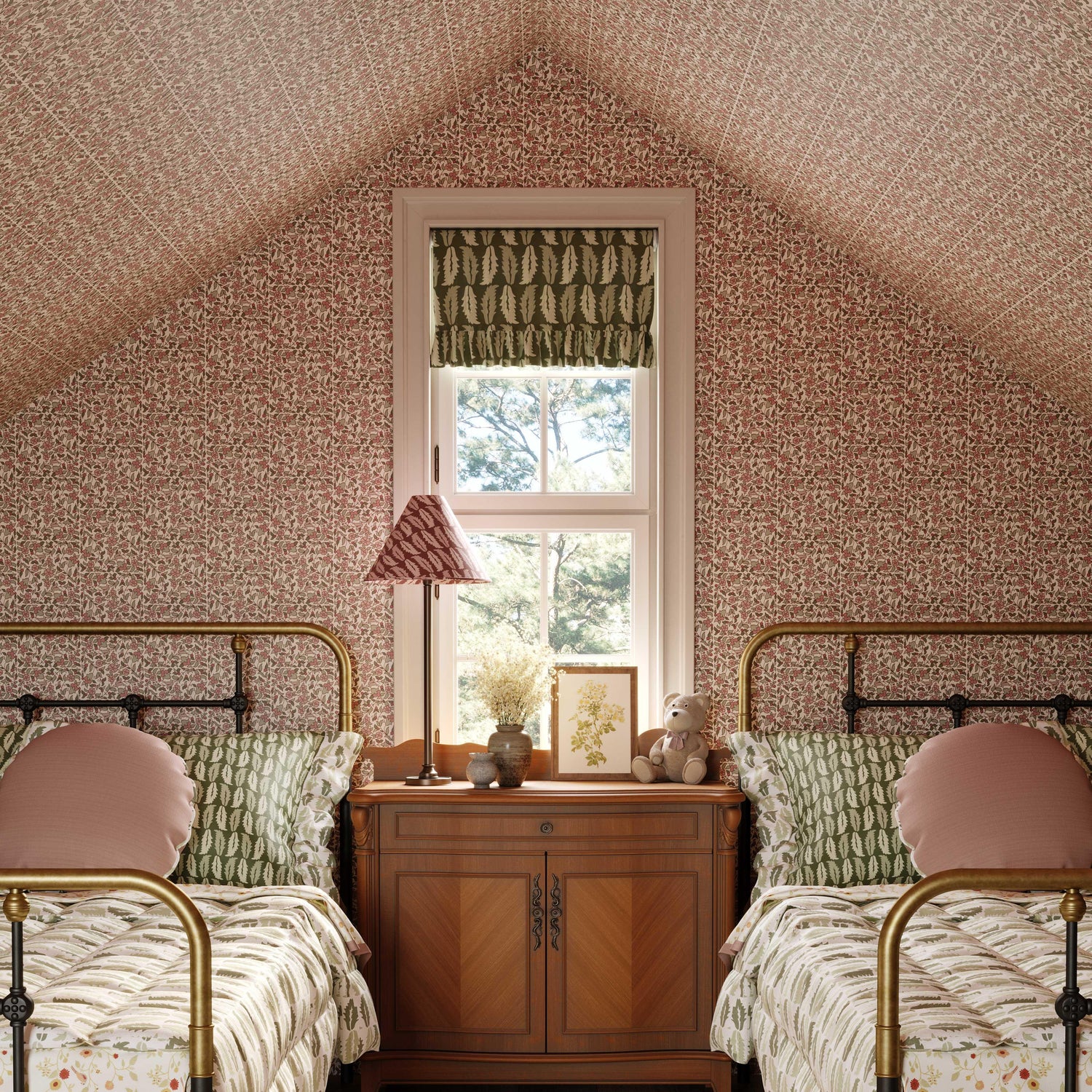 Pimpernel Patch wallpaper in pink styled in a vintage floral interior - Huggleberry Hill